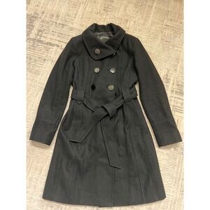 Guess Black Wool Blend Belted Pea Coat Double Breasted Winter Warm Jacket S